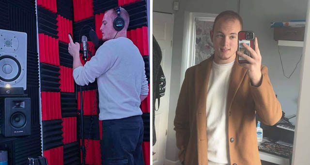 two photso of Trystan Hughes, one of them he's in a recording studio