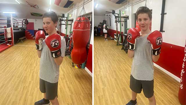 two photos of a young boxer in a gym wearing red gloves