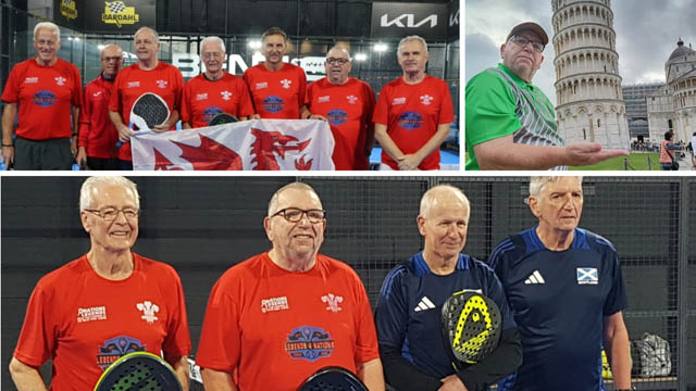 photos of a man with a padel team and by the leaning tower of pisa