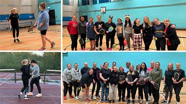 four photos of a pickleball club including two of women playing the sport