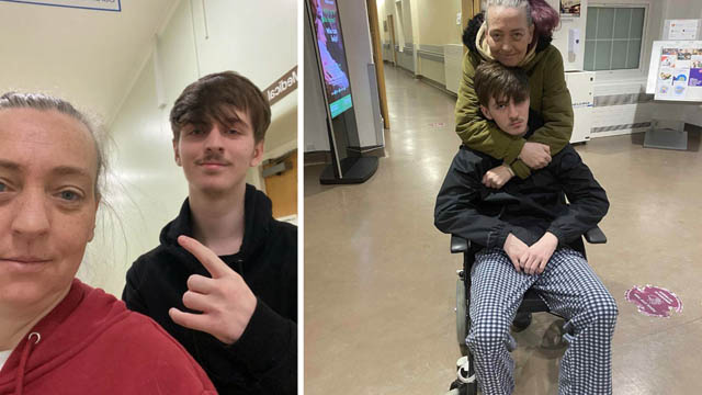 two photos of a mum with her teenage son, one with him in a wheelchair