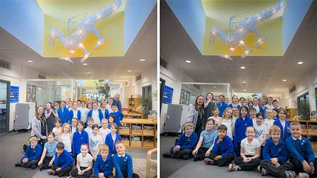 two class photos of children in a school below a large illuminated dragon