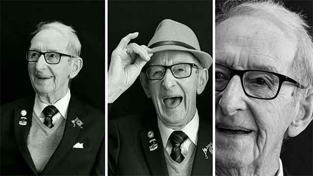 three black and white photos of owen filer, smiling for the camera