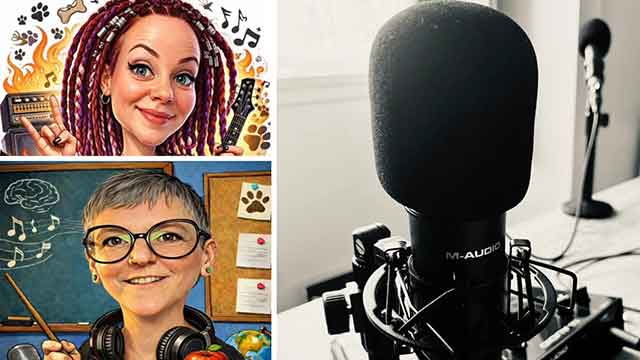 An AI image of two women and a photo of a microphone