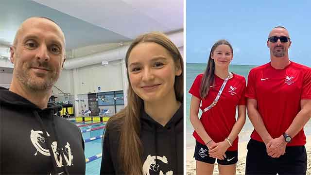 two photos of a man and a woman- one by a swimming pool and the other by a beach