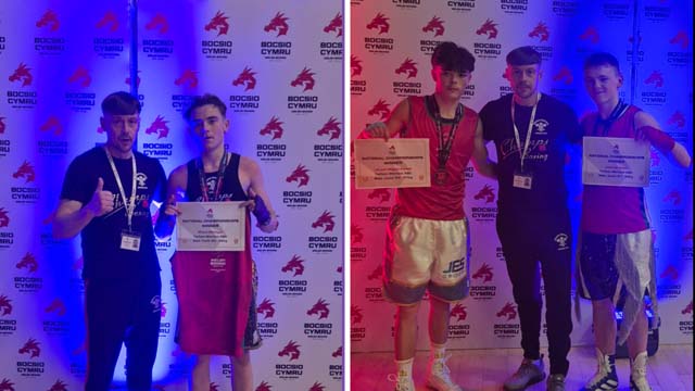 two photos of boxers holding medals