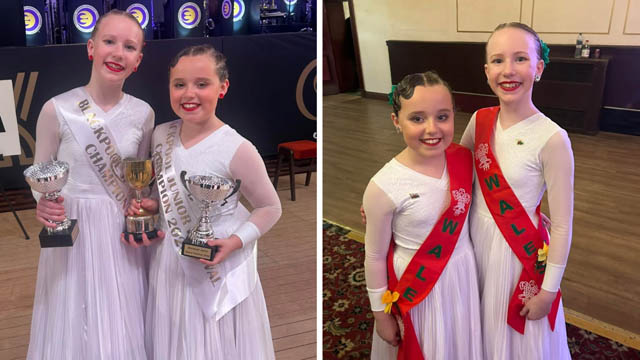 two photo of young girls with sashes and holding trophies