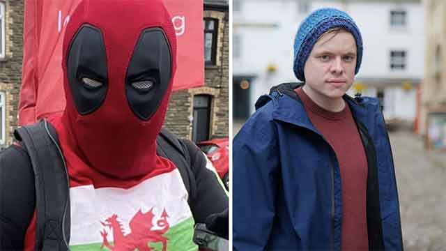 a man dressed as dead pool, the marvel character, and a man in a beany hat