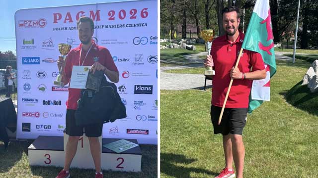 two photos of a man holding a trophy, and a Welsh flag