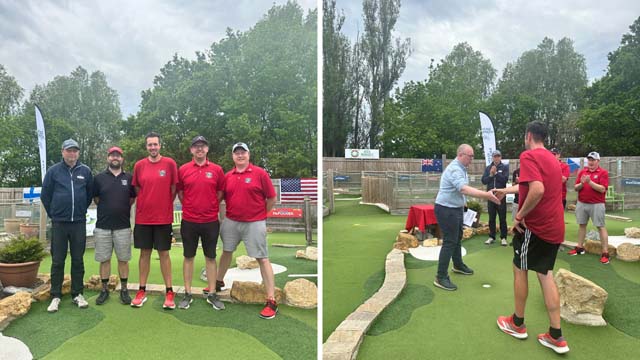 two photos of men on a crazy golf course