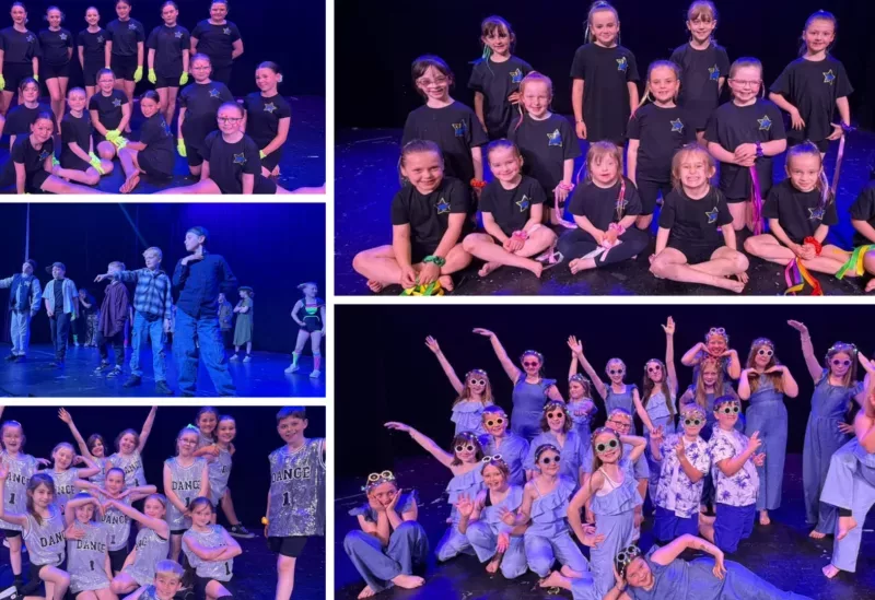 five photos of primary school children on a stage , some are dancing