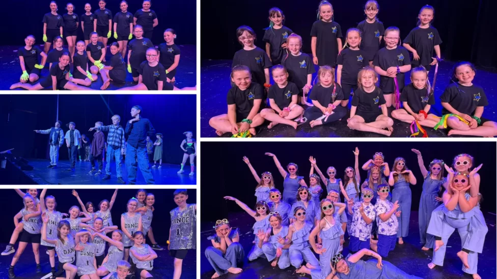 five photos of primary school children on a stage , some are dancing
