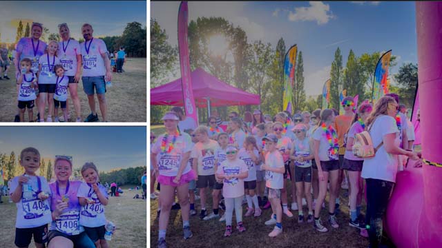 three photos of groups of people covered in colourful powder paint