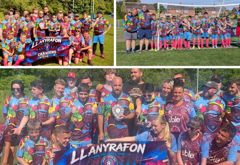 three photos of a football players having team photos