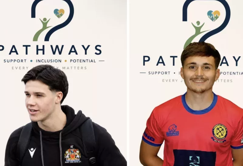 two men in football shirts in front of a screen that says Pathway