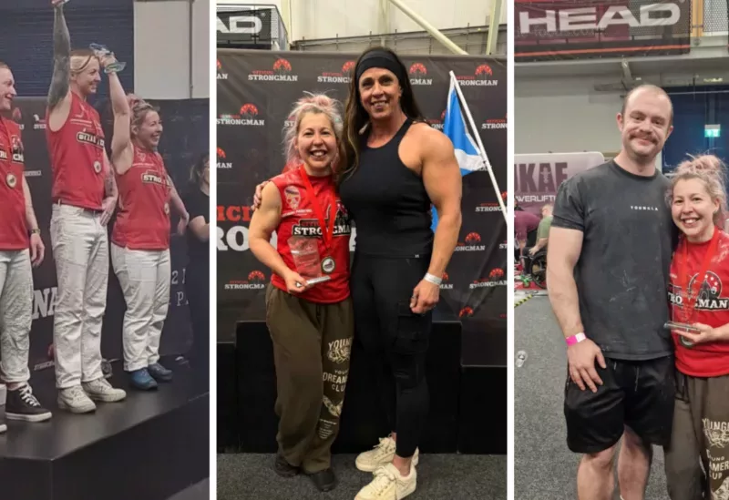 three photos- a three women on a podium, a woman with another woman and a woman with her husband- all at a weightlifting competition