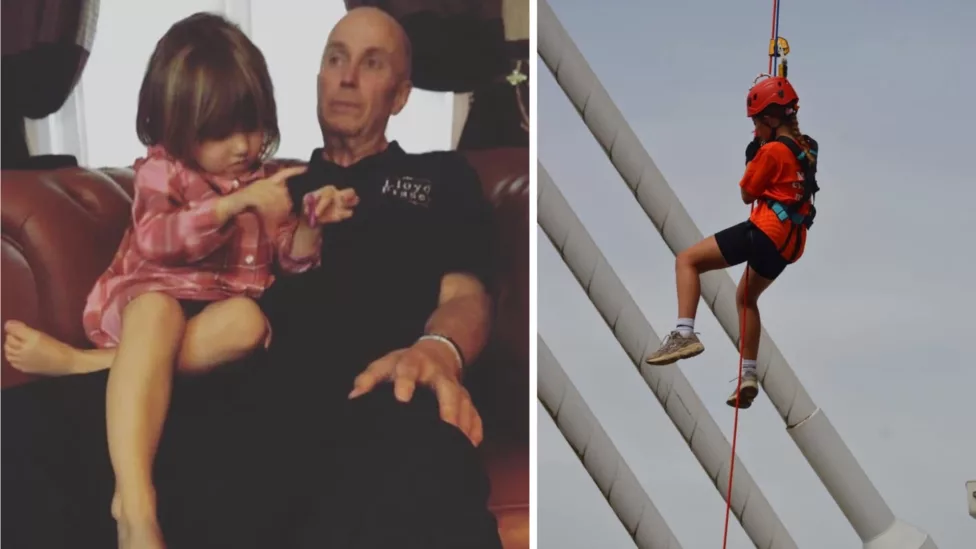 two photos - a man with his grandchild on his lap- and a young girl abseiling