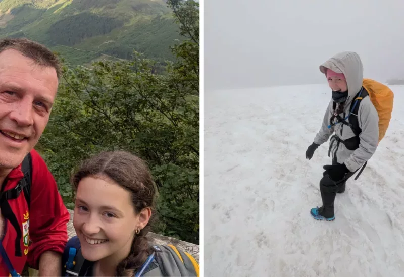 a dad and his daughter take a selfie on a mountain- and a girl in the snow on a mountain