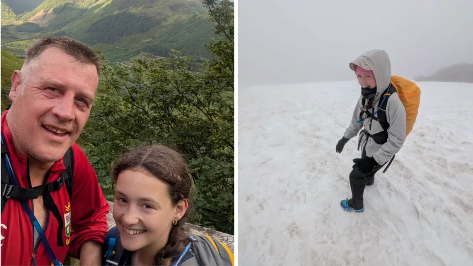 a dad and his daughter take a selfie on a mountain- and a girl in the snow on a mountain