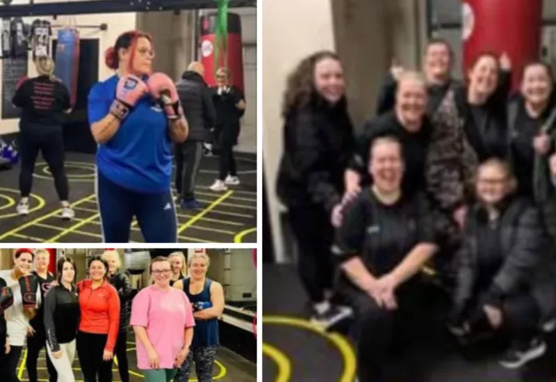 three photos of women in a boxing club