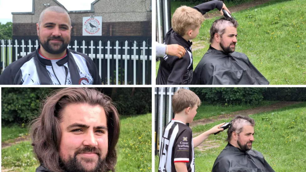 four photos of a man- one with long hair and others having his hair cut by young football players