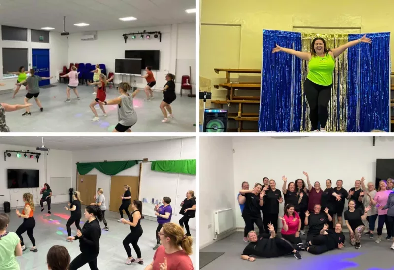 four photos of a dance class in a hall