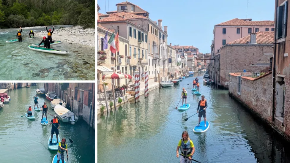 three photos of people paddleboading