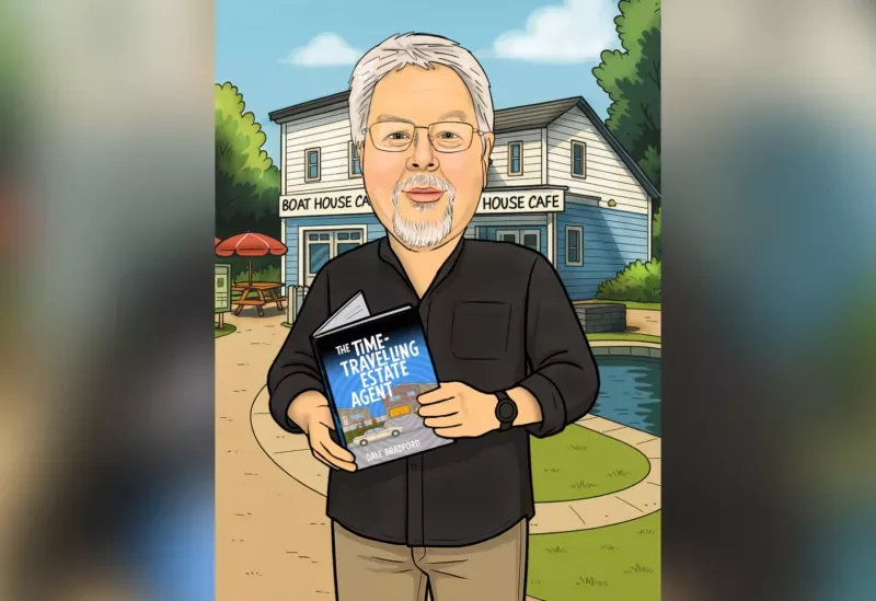 a cartoon of a man holding a book by a cafe