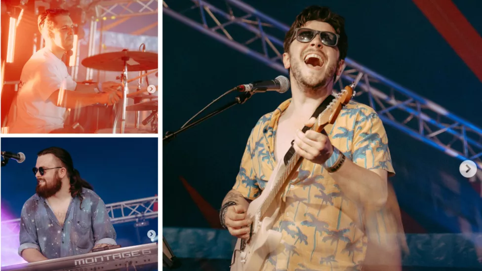 three photos of a band playing music and singing on stage
