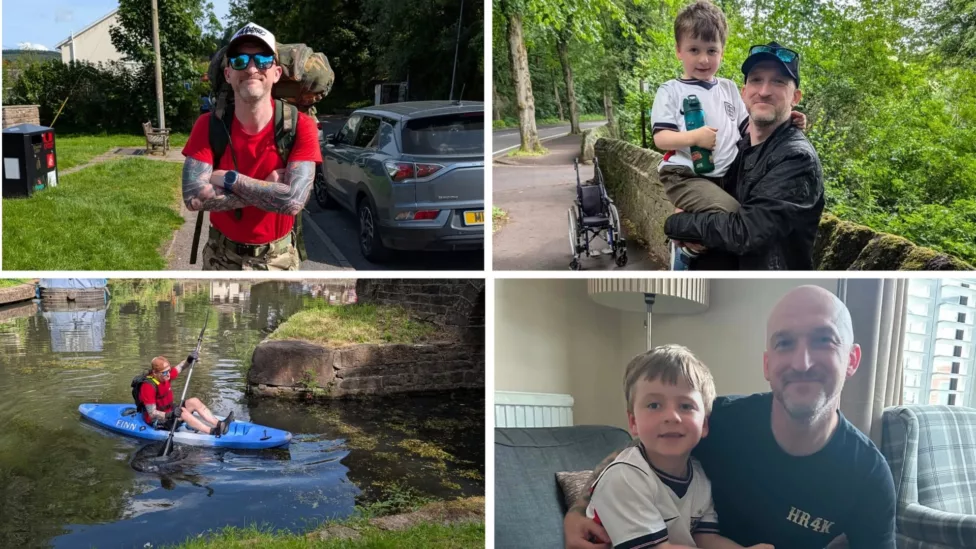 photos of a man canoeing and walking by canal- and two with a man and a young boy smiling at camera