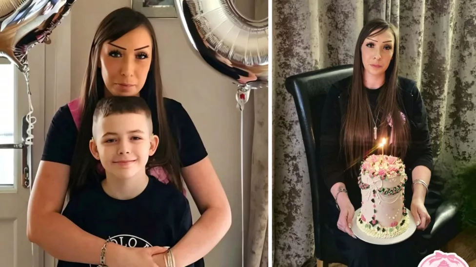 a woman with her son, and one with her holding a cake