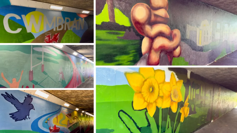 images of bright murals of daffodils, rugby pitch, a river and the wording- Cwmbran