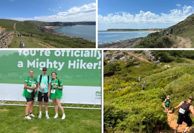 three photos of path and scenes near the sea- and a photo of two men and a woman after finishing a walk