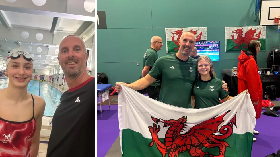 two photos of a male swimming coach with two female swimmers- one is holding a Wales flag